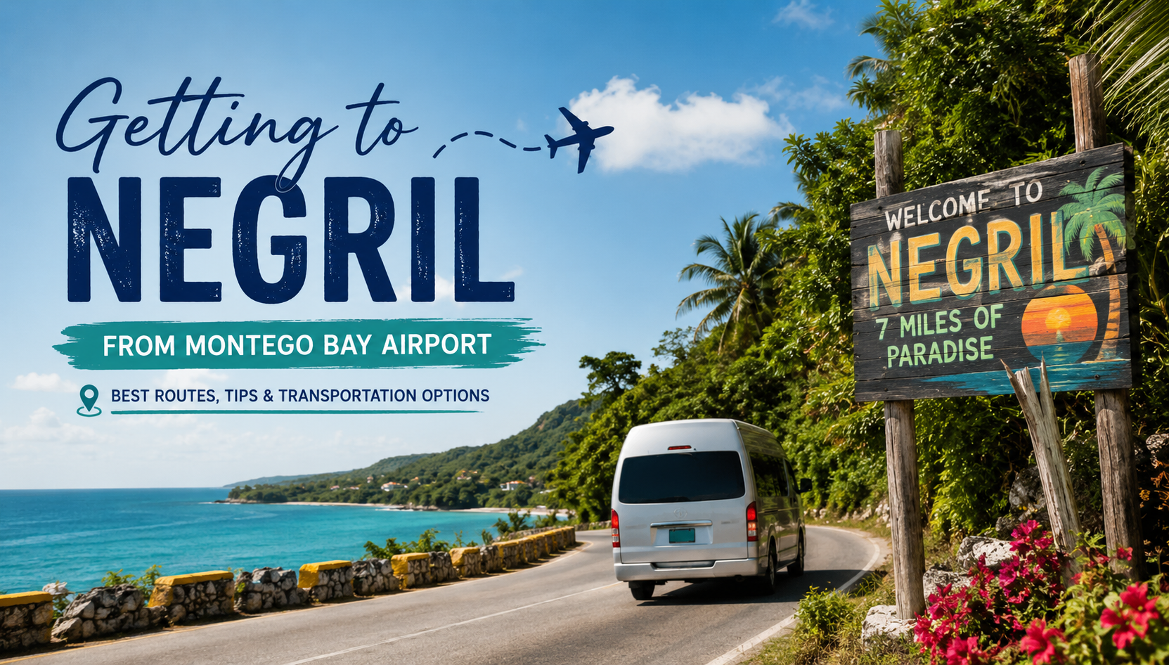 Private airport transfer driving from Montego Bay Airport to Negril Jamaica along scenic coastal road