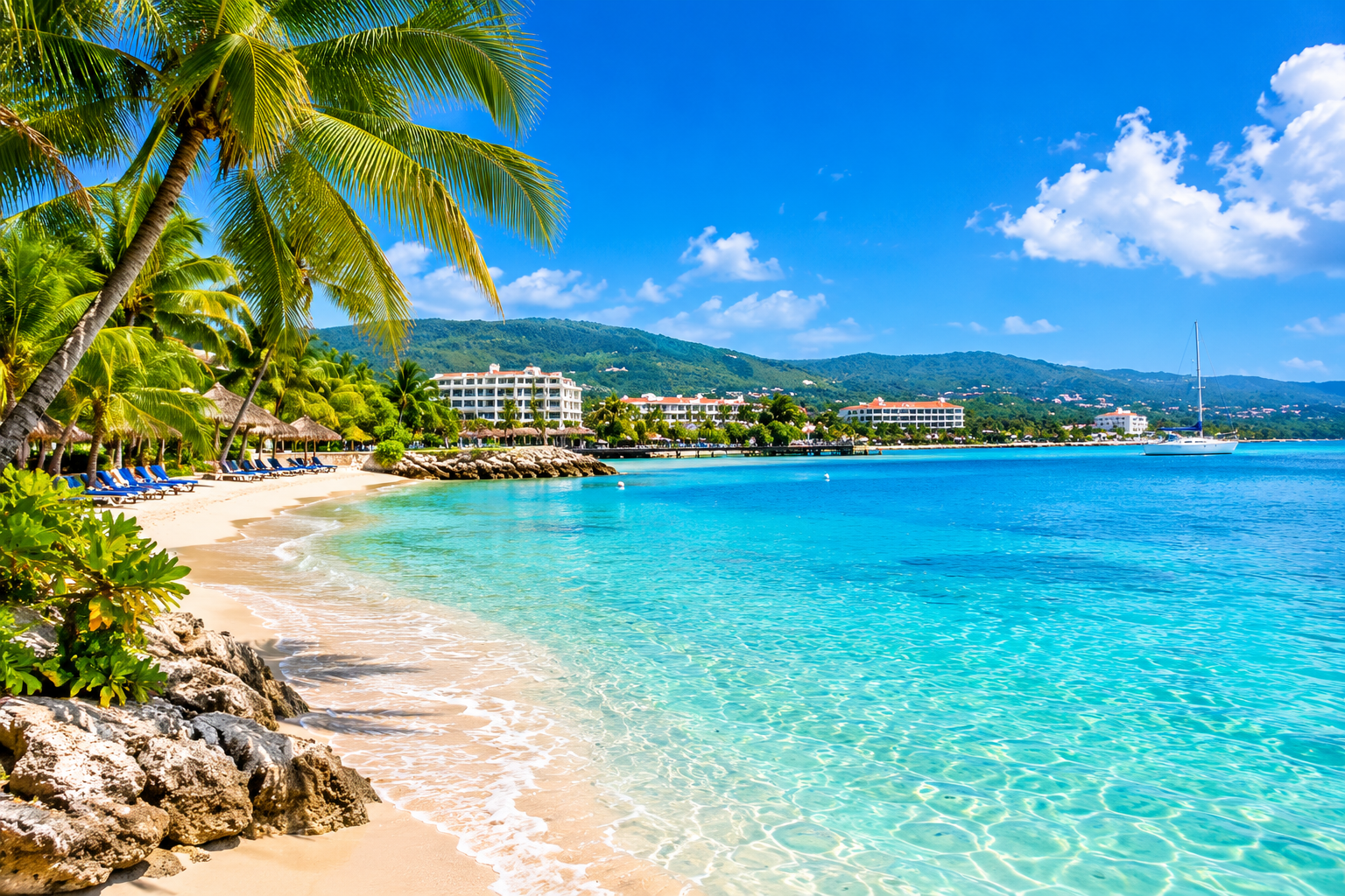 Montego Bay Jamaica tropical beach with turquoise water, palm trees and beachfront resorts
