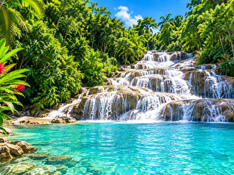 Ocho Rios Jamaica tropical waterfall cascading into a turquoise pool surrounded by lush rainforest